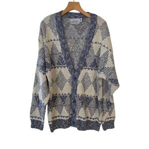 Vintage JJ Cochran Cardigan Knit Grandpa Dad Mr Rogers USA Blue White Large